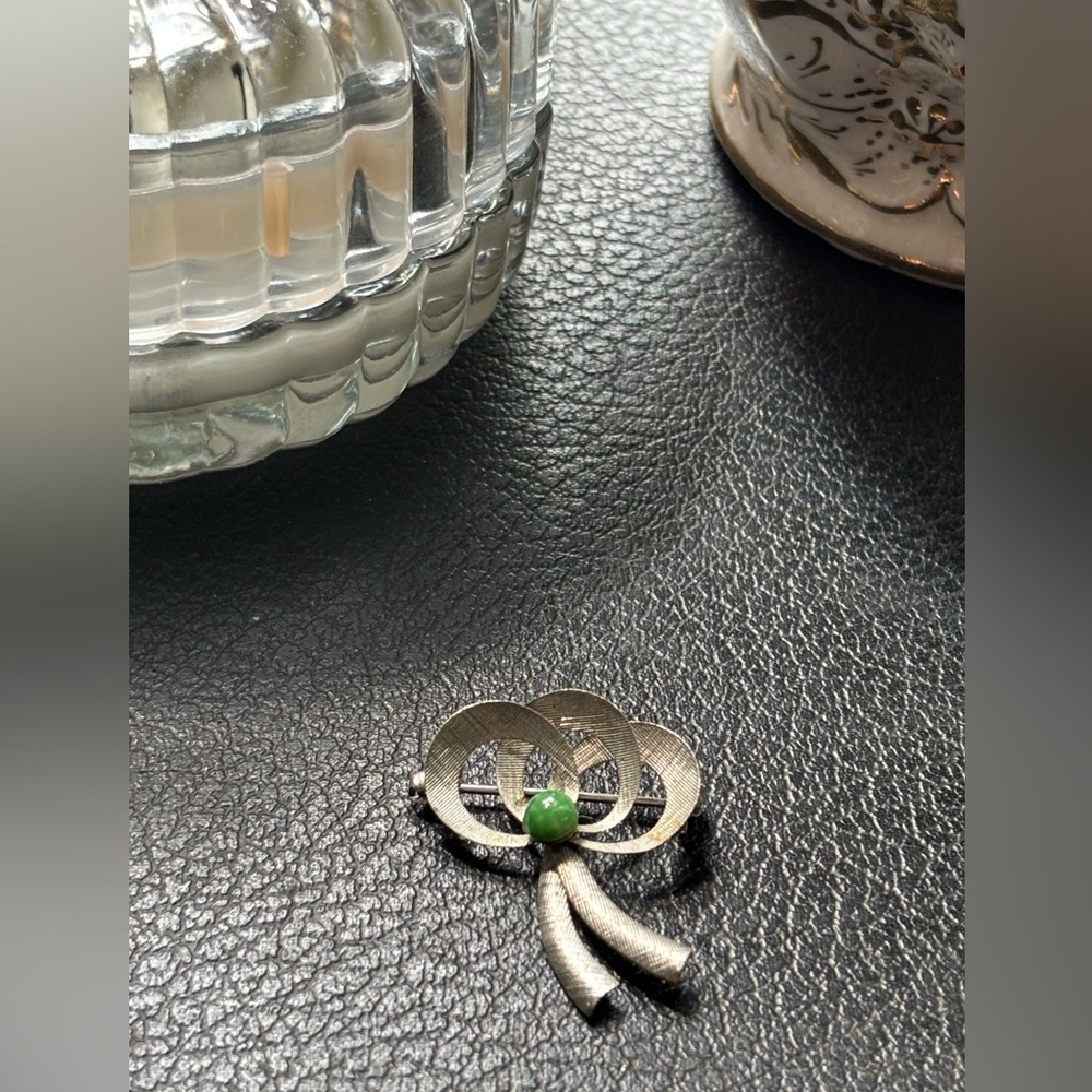 Silver Bow Brooch with Green Accent